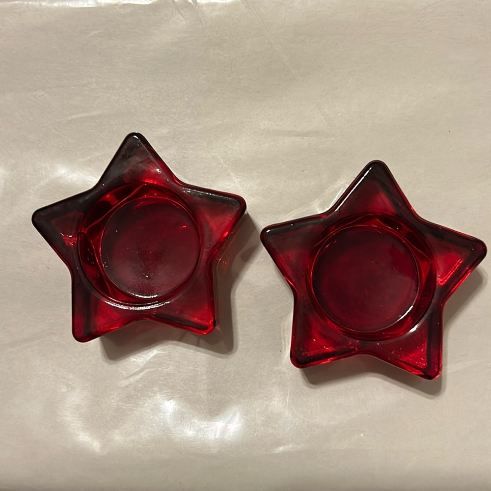 Pair Of Red Glass Star Shaped Votive Tealight Candle Holders NWOT